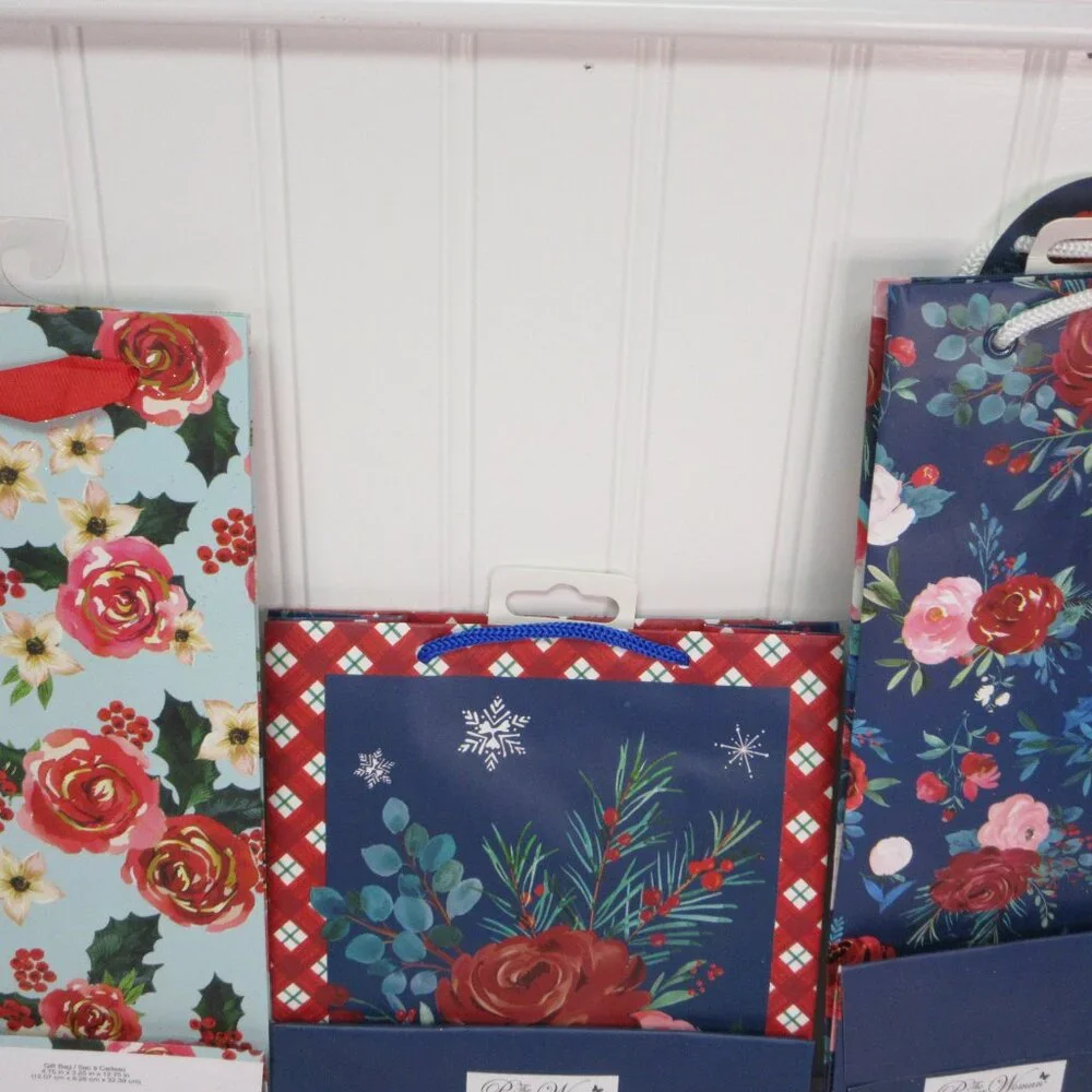 Lot of 3 Pioneer Woman Gift Bag Christmas Holiday Wishful Winter Blue Floral New